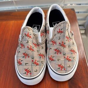 Vans Brown and Red Sneakers with Slip-On Design and White Rubber Sole